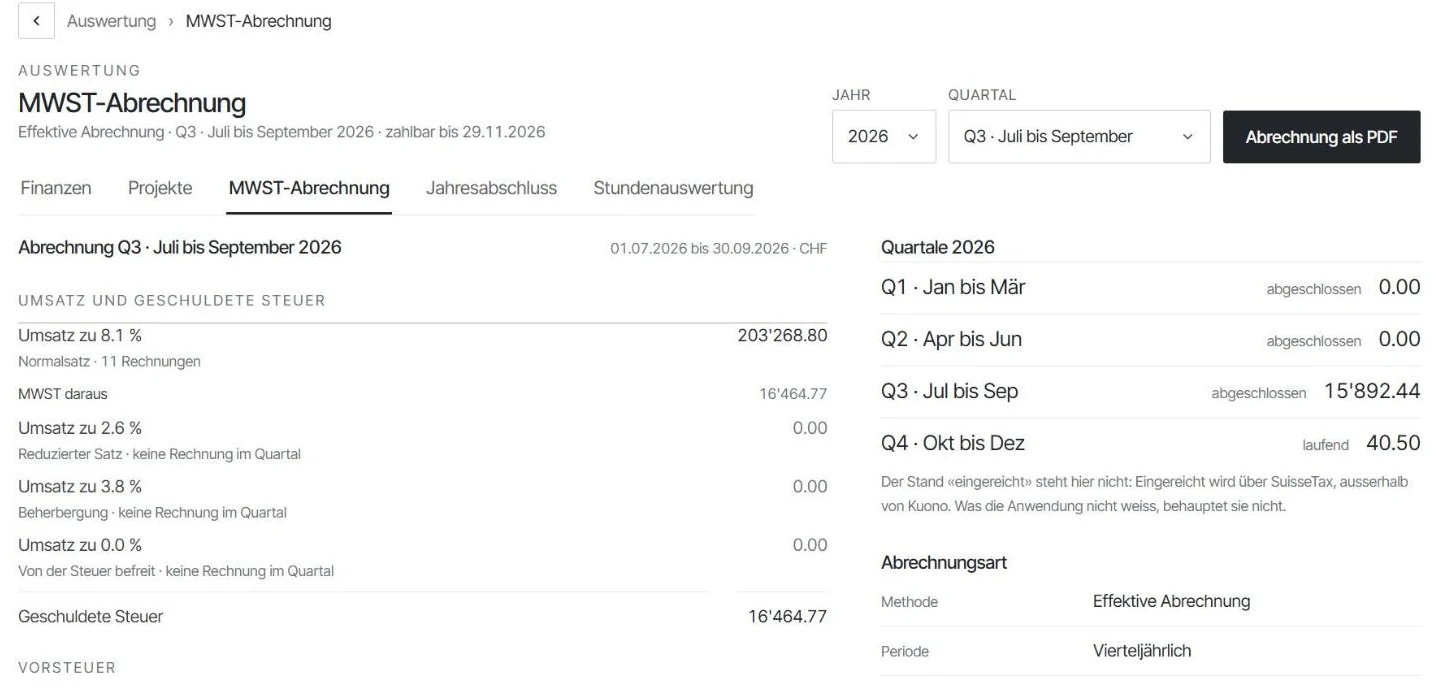 MWST-Abrechnung in Kuono: Umsatz und Steuer für das Quartal, daneben alle Quartale des Jahres