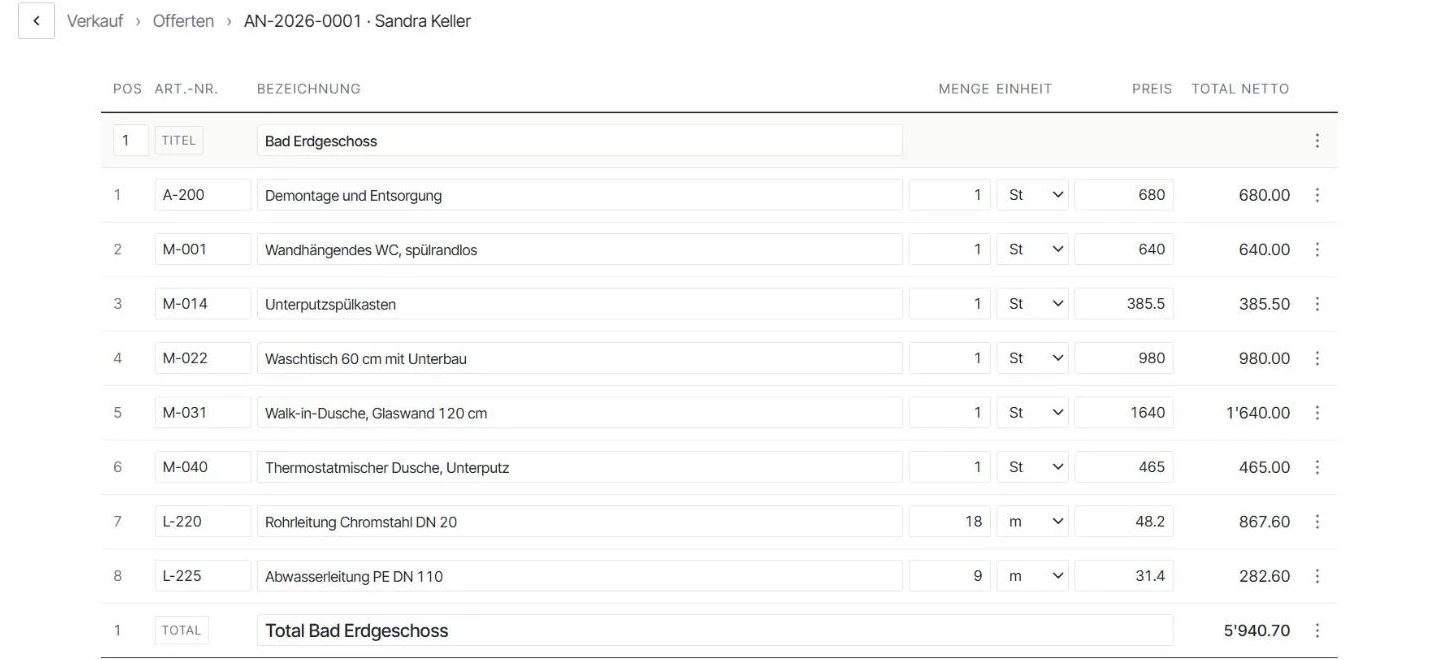 Offerte in Kuono: Positionen aus dem Katalog mit Menge, Einheit und Preis