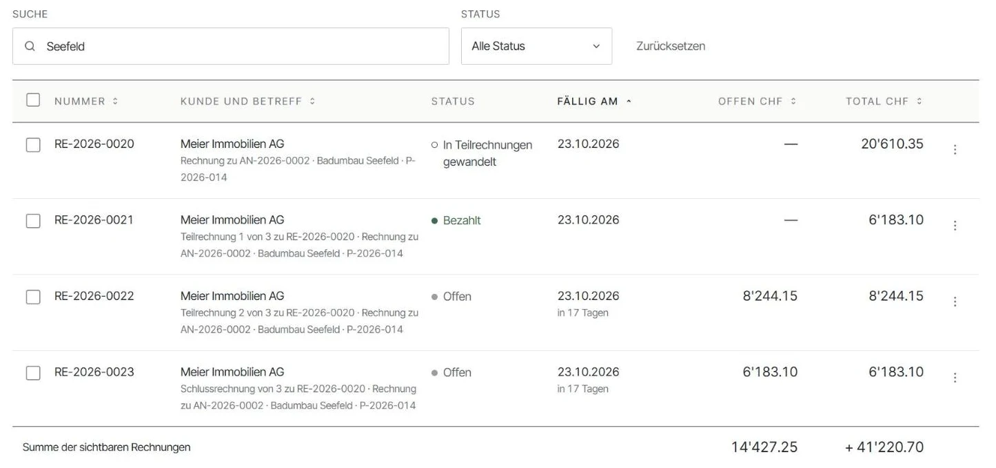 Rechnungsliste in Kuono: eine Rechnung in drei Teilrechnungen aufgeteilt, die erste bezahlt