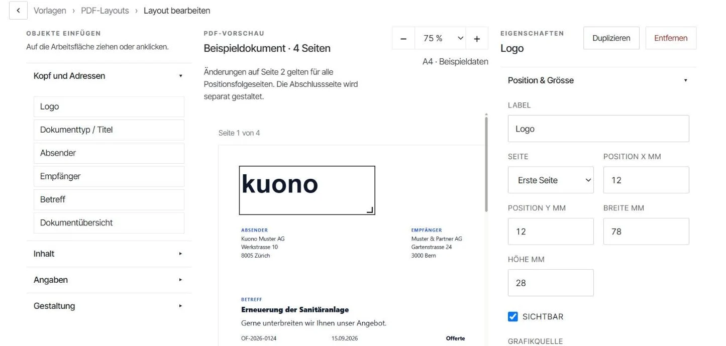 PDF-Layout-Editor in Kuono: Vorschau der Offerte mit Logo, Absender und Positionen
